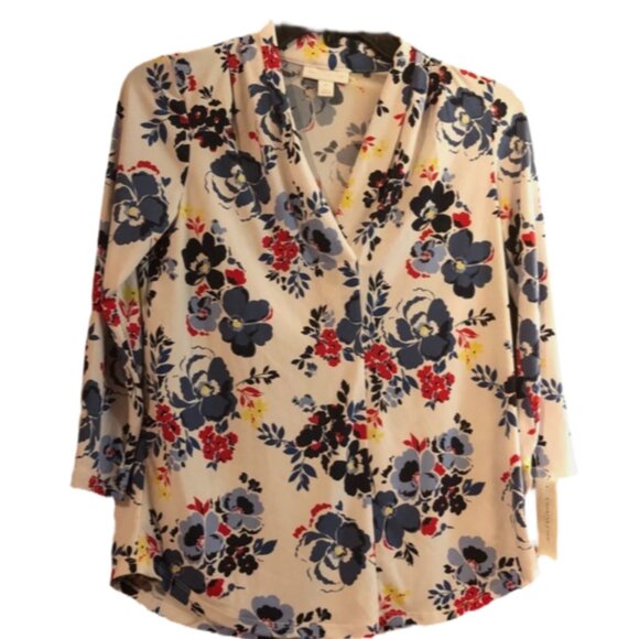 Women's Charter Club White Floral V-Neck Blouse Size PM - Picture 2 of 6